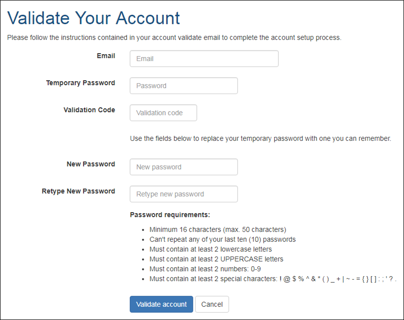 Screenshot: Validate Account screen